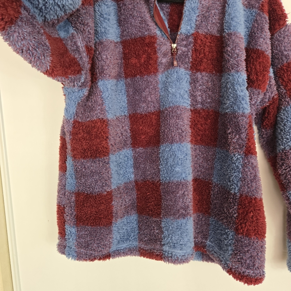 Eddie Bauer Womens XL Fleece Pullover Plaid Quarter Zip Cozy Warm Comfy Blue Red - Picture 11 of 14